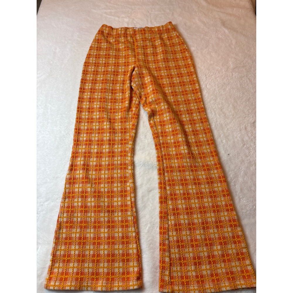 Urban Outfitters Orange Plaid Knit Flare Pants Womens Medium Stretchy Wide Leg